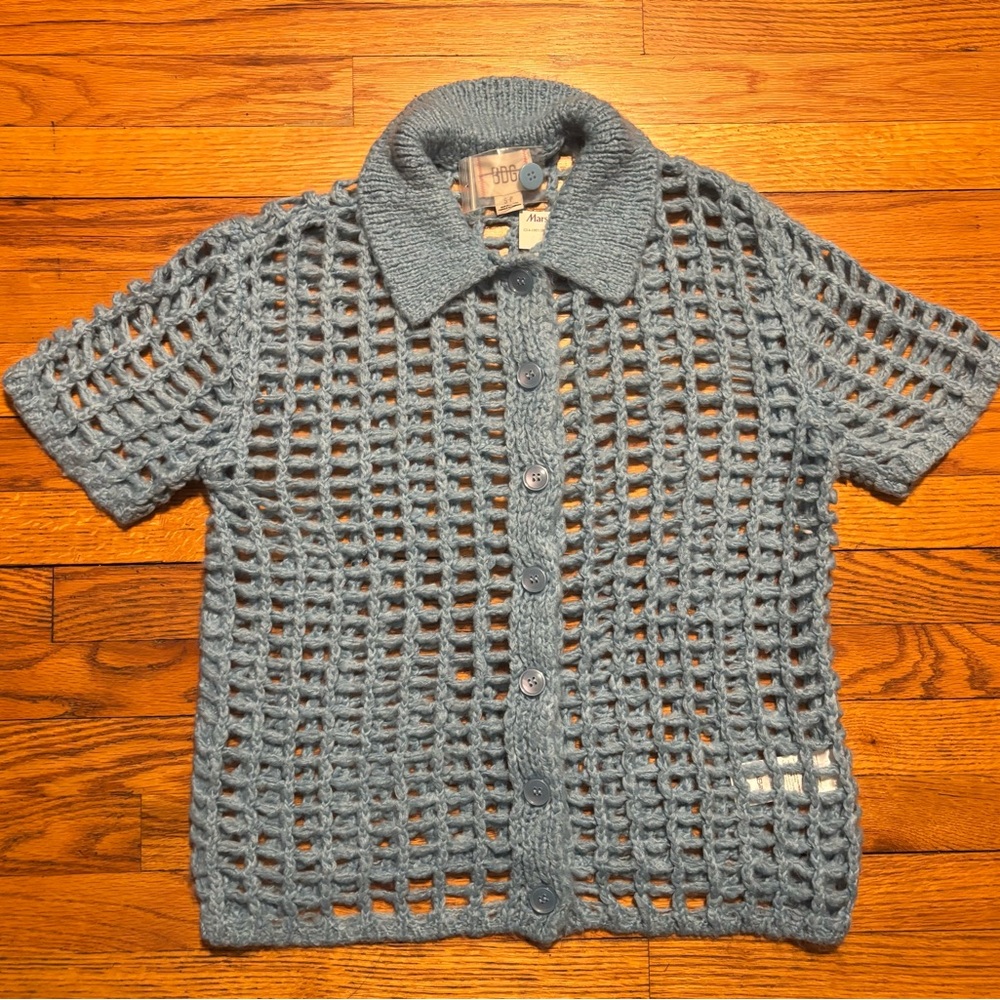 BDG Sky Blue Chunky Crochet Button-Up Top